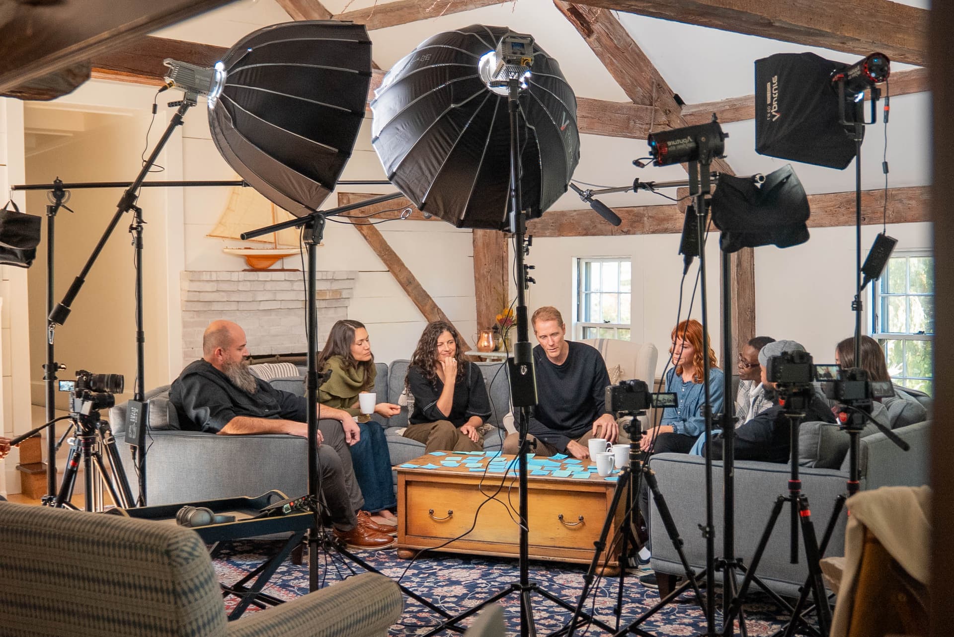 Interview set with lighting and cameras