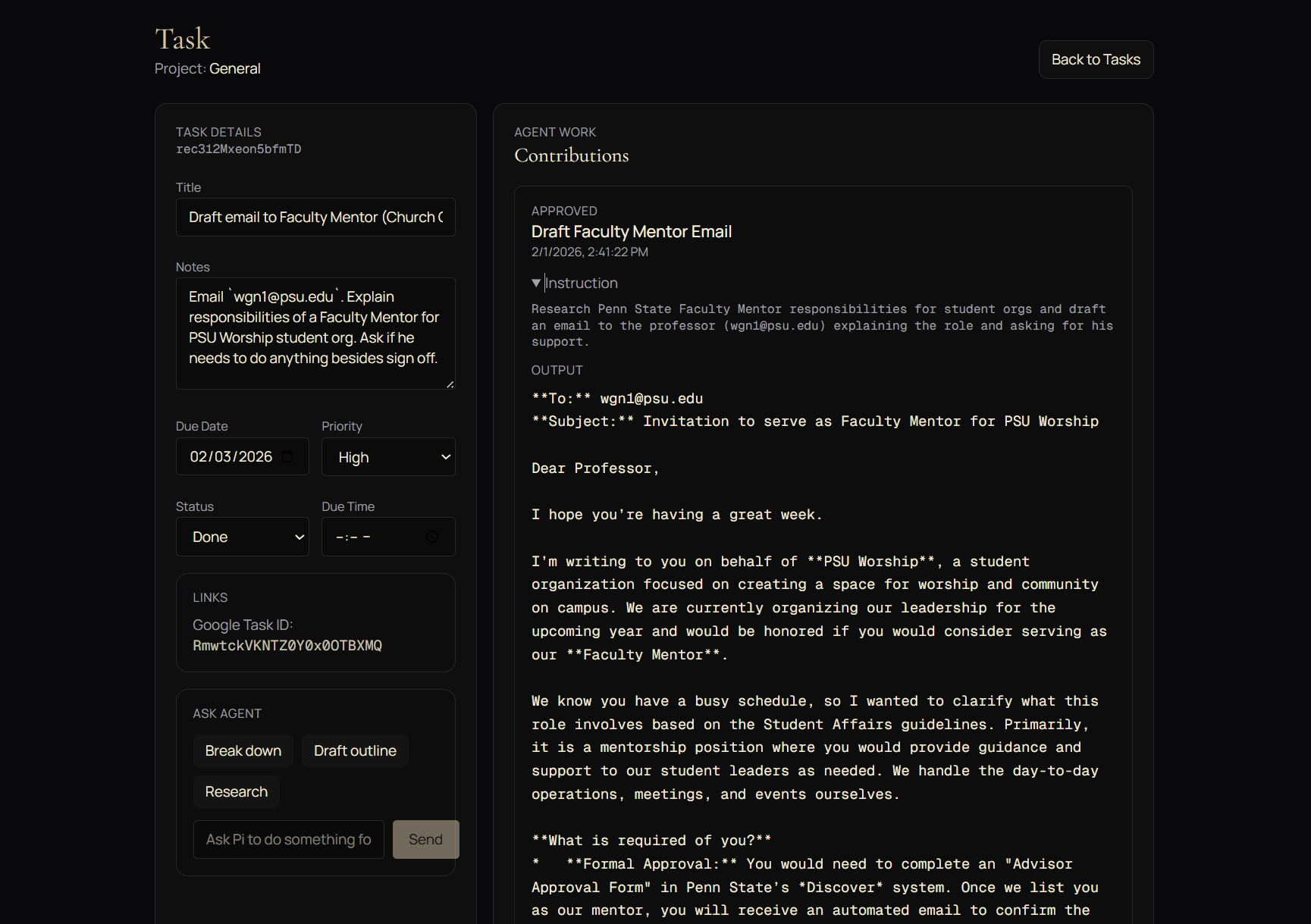 Task detail with agent output
